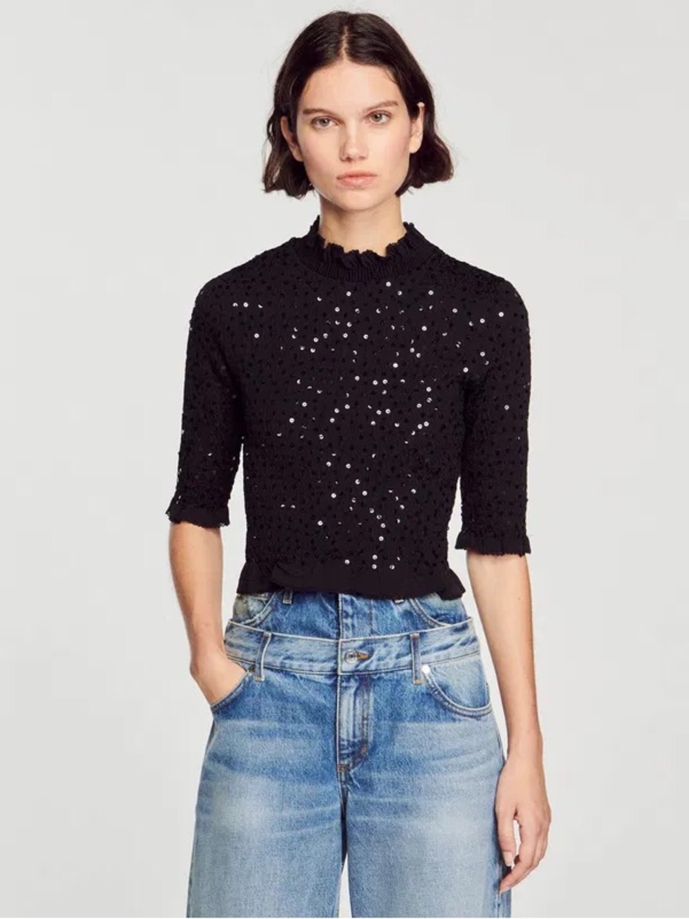 NWT Sandro Women's Voltige Sequined Smocked Top Size 1 (US 4/S) Black / Noir
